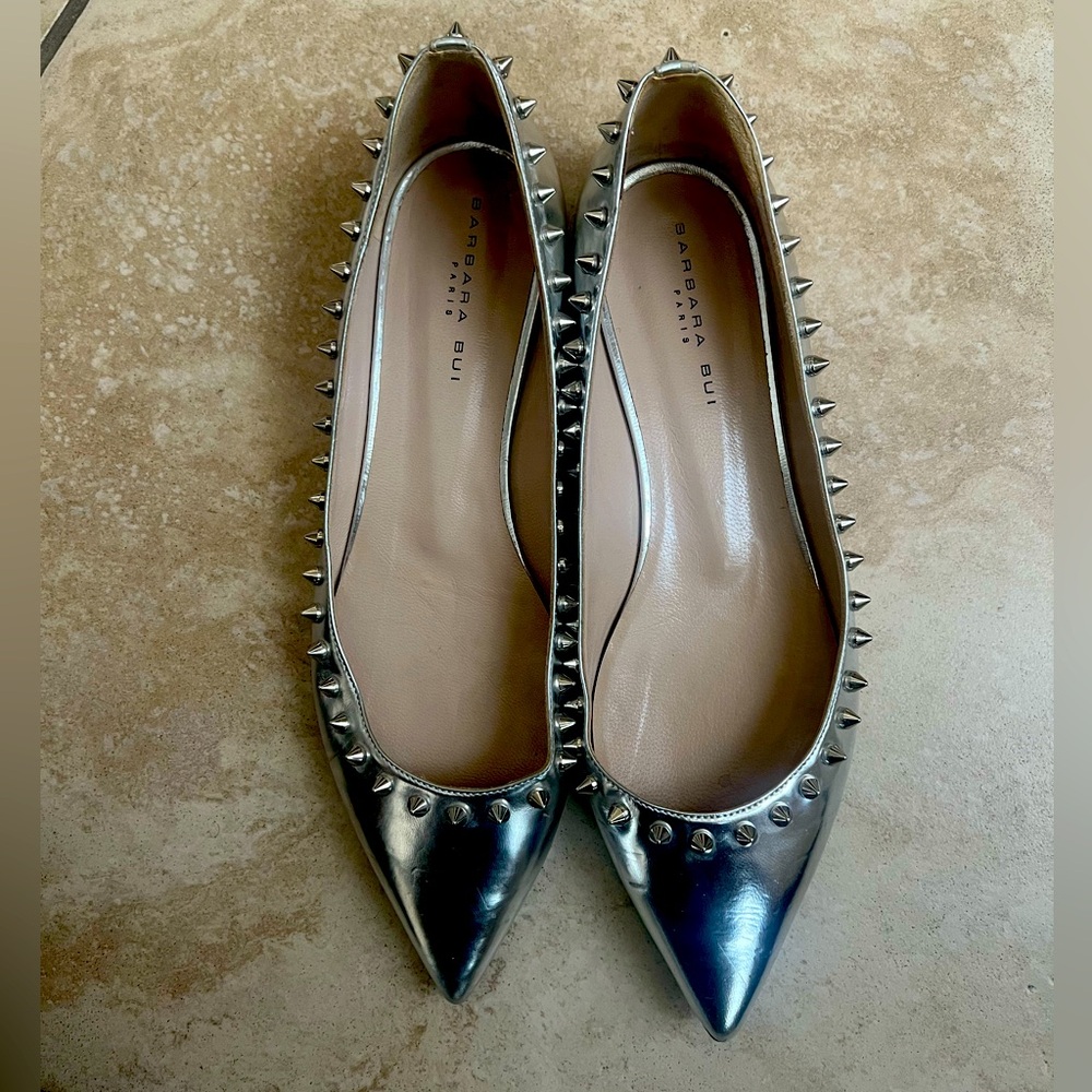 Barbara Bui Paris Metallic Silver Rockstud/Spiked Flats